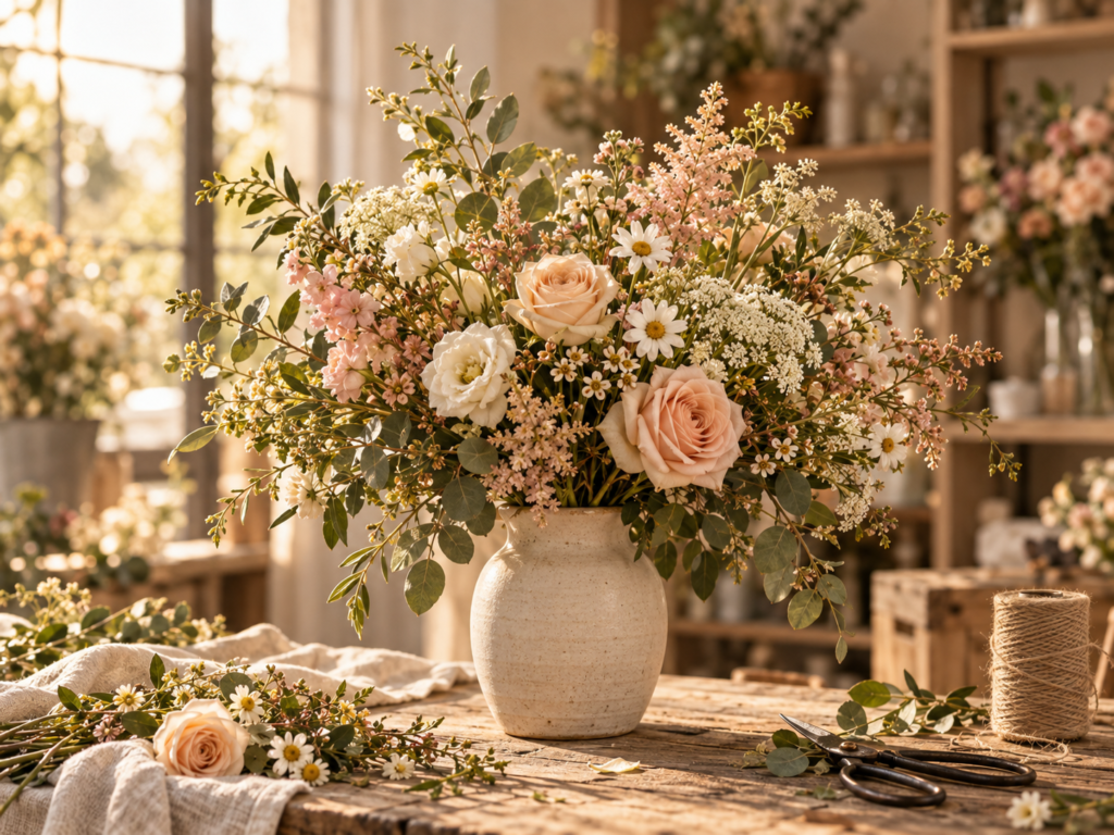 Composition de fleurs champêtres dans un vase artisanal