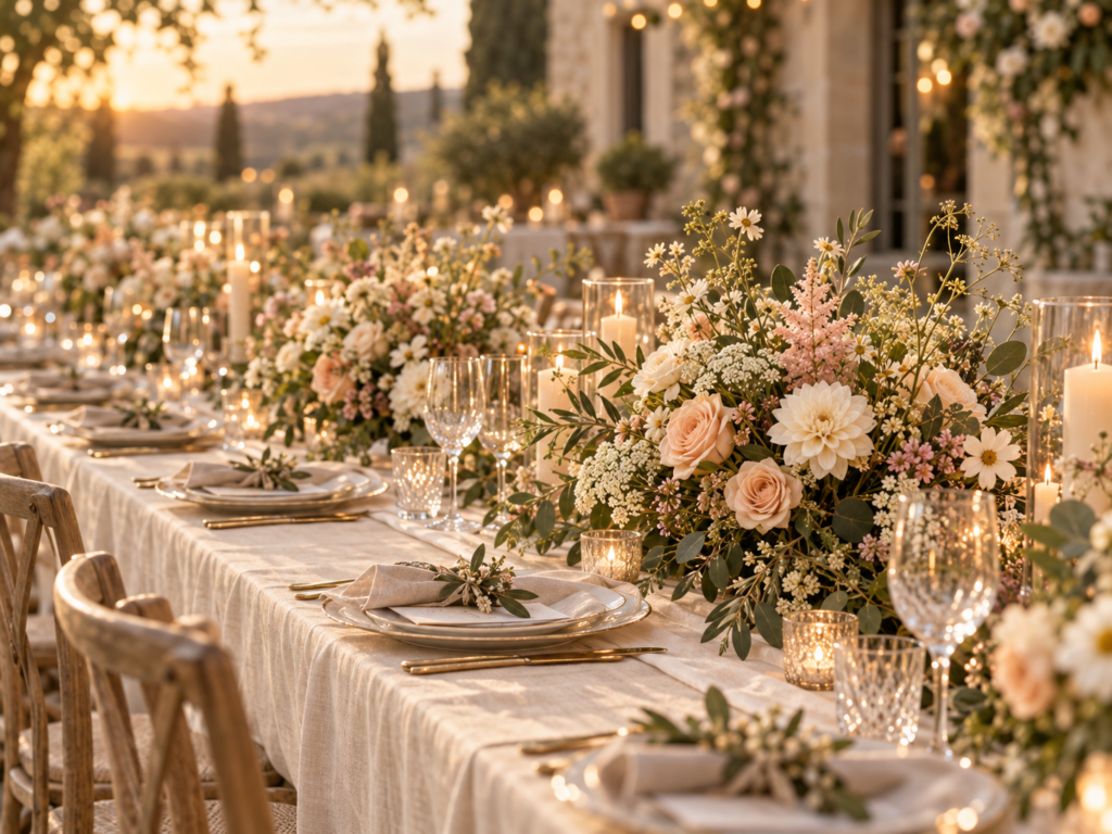 Tables de réception décorées de fleurs et de bougies