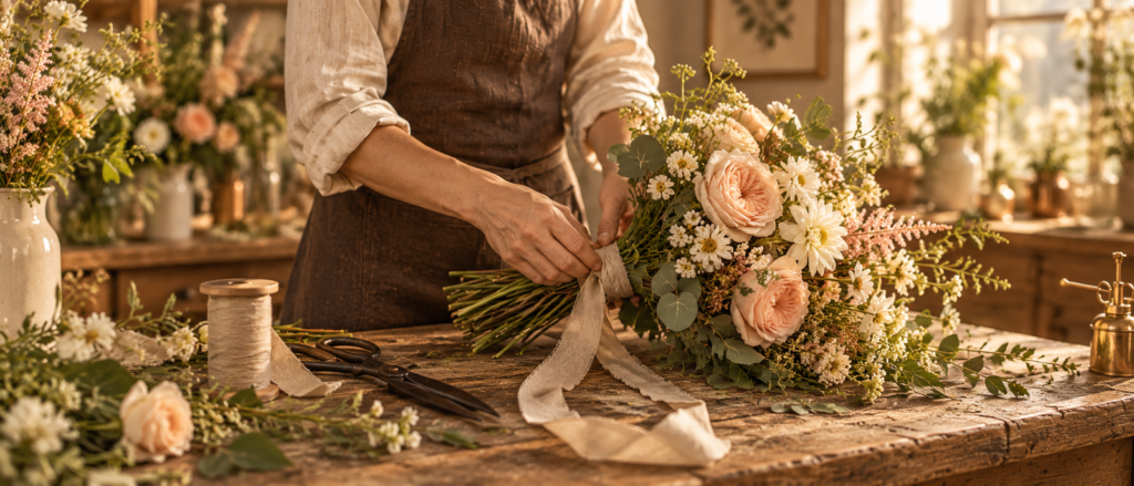 Artisane fleuriste composant un bouquet de roses et de fleurs champêtres