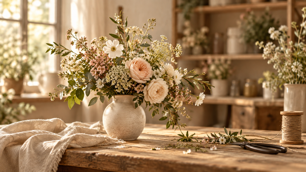 Bouquet champêtre de roses crème et rose poudré