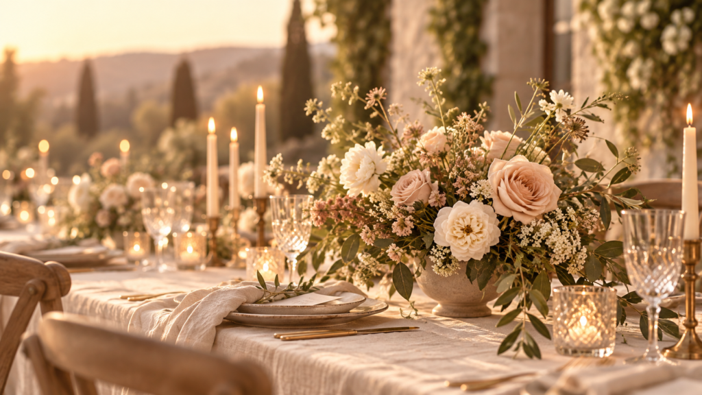 Décoration de table avec roses et fleurs champêtres