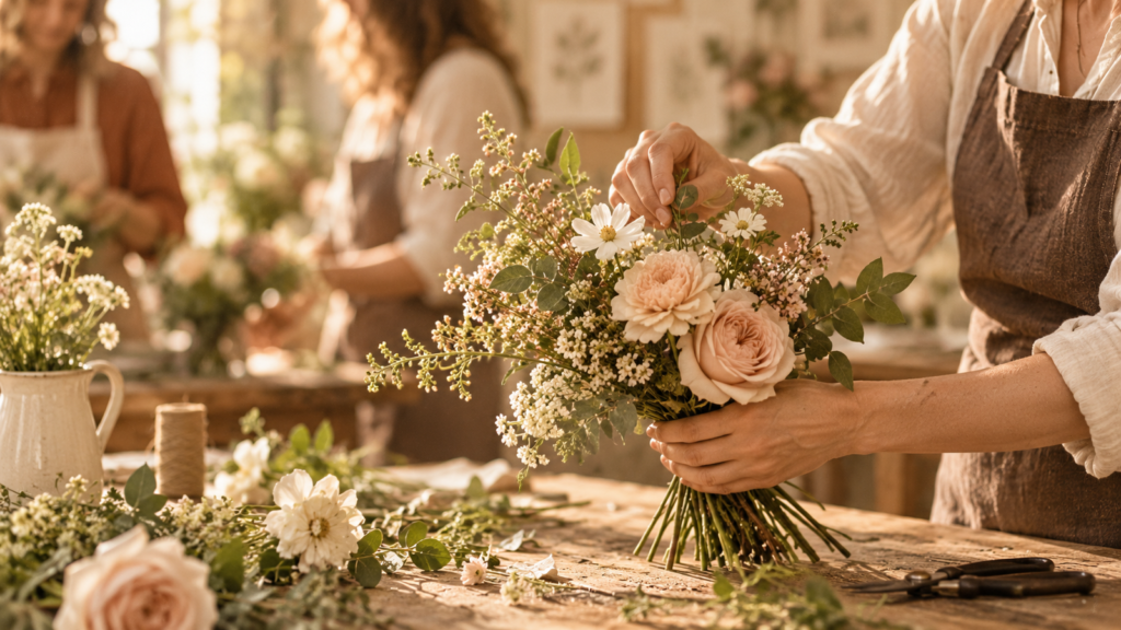Création d’un bouquet dans un atelier floral