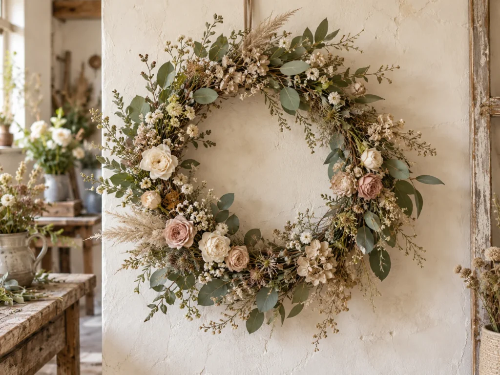 Couronne végétale de fleurs crème et de feuillage