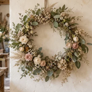 Couronne végétale de fleurs crème et de feuillage