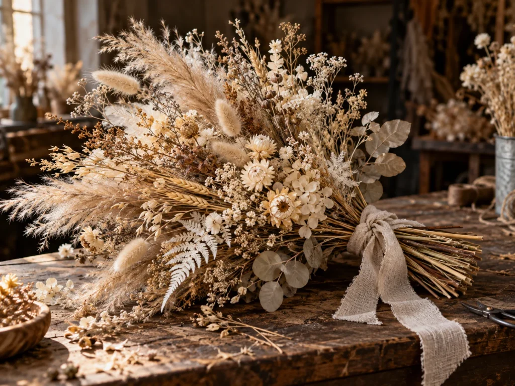 Bouquet de fleurs séchées et de graminées aux teintes naturelles