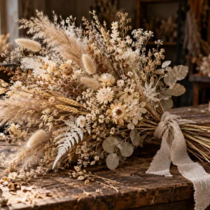 Bouquet de fleurs séchées et de graminées aux teintes naturelles