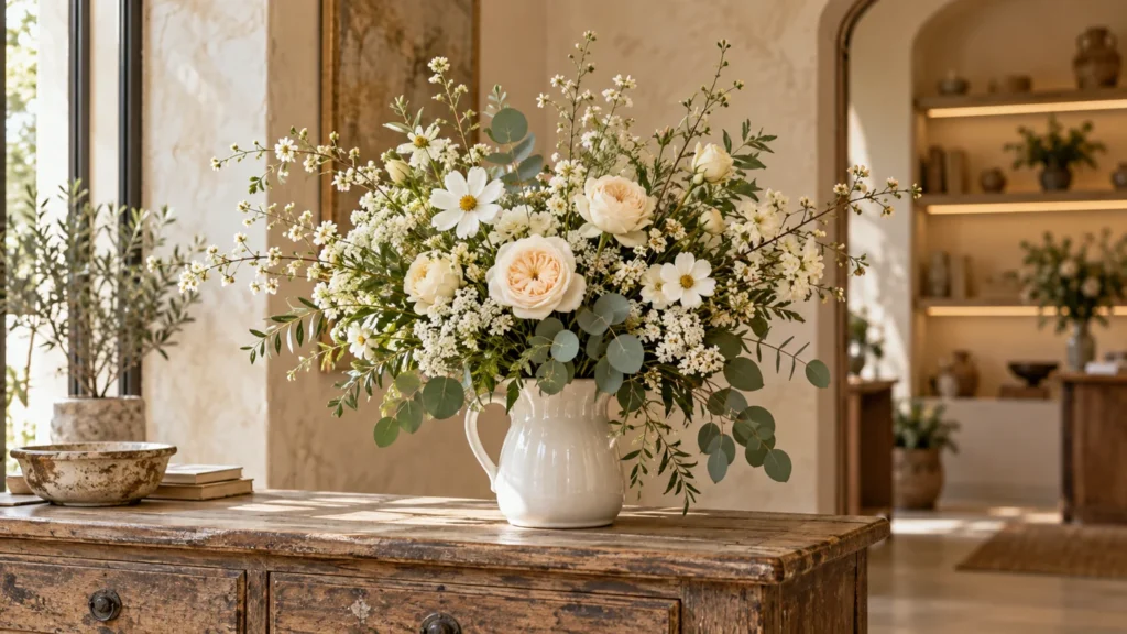 Arrangement floral blanc dans un pichet pour un espace professionnel