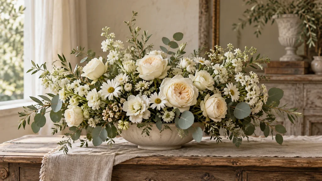 Composition sobre de fleurs blanches pour un hommage