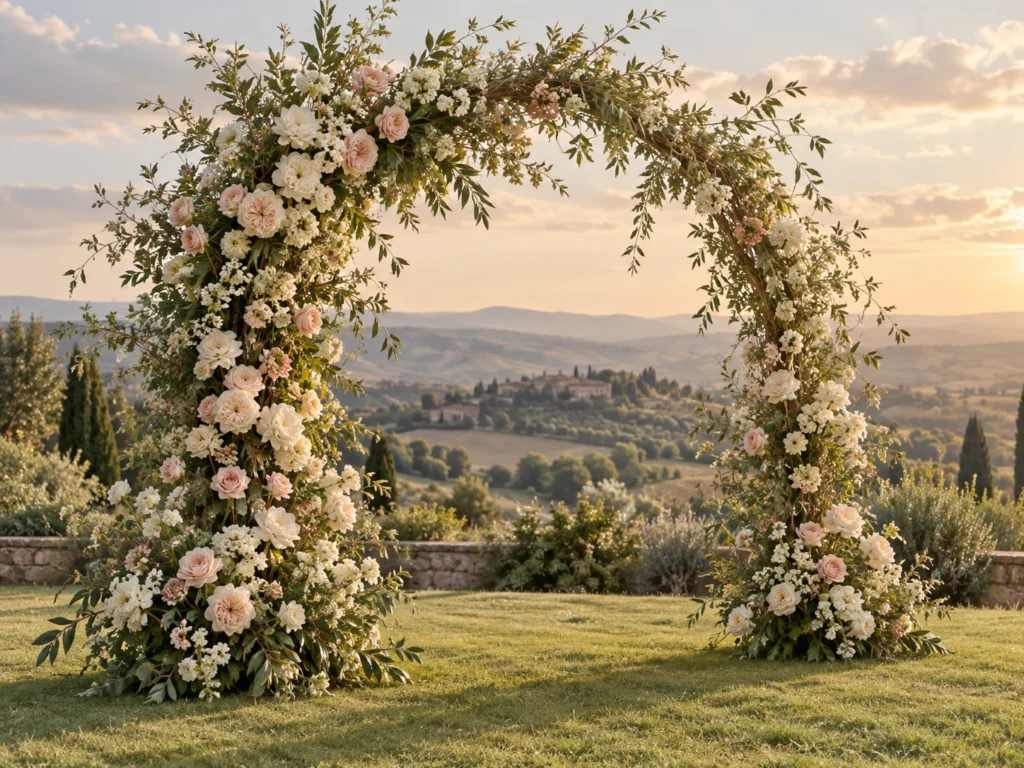 Arche florale de roses et de feuillage dans un jardin