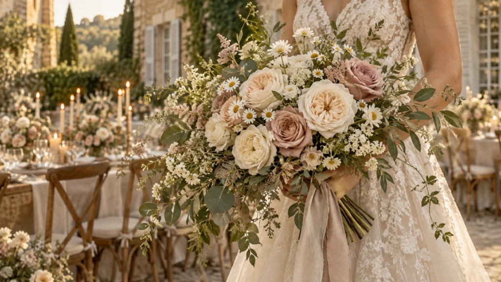 Bouquet de mariée de roses crème et rose poudré, avec fleurs champêtres