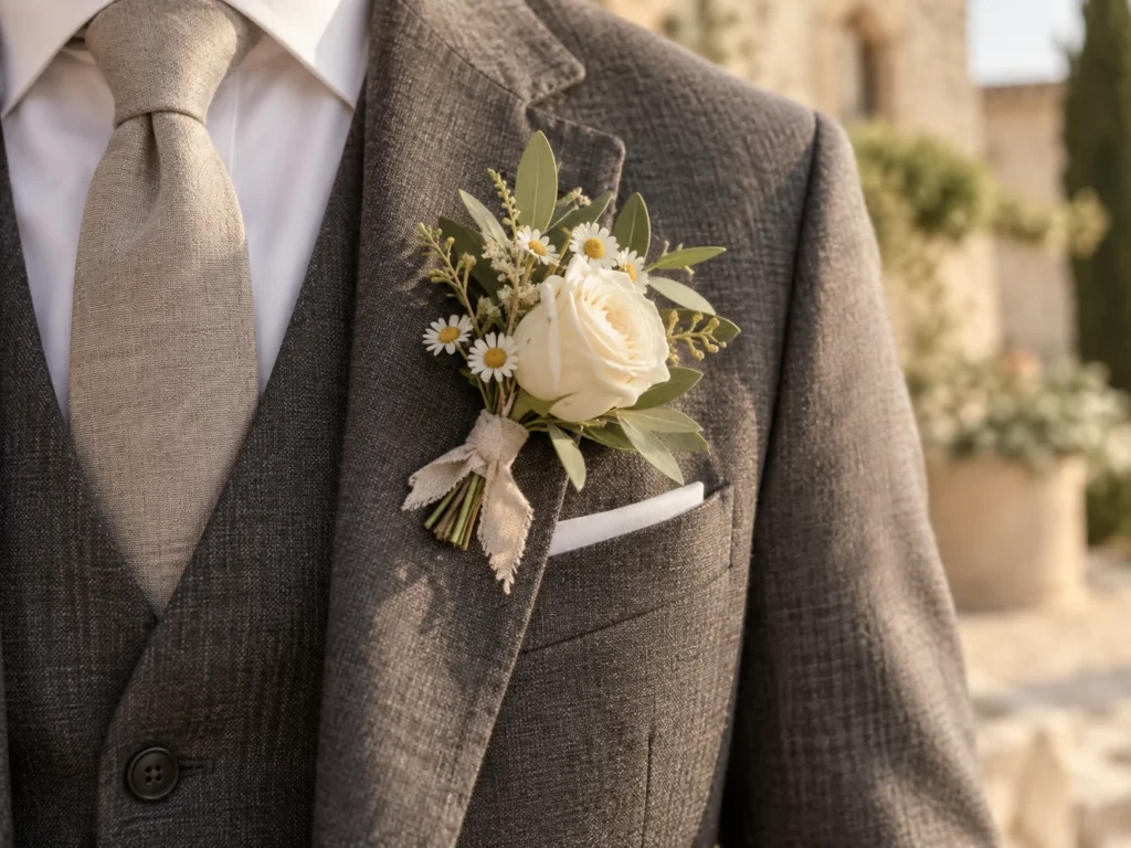 Boutonnière de rose blanche et feuillage sur un costume de marié