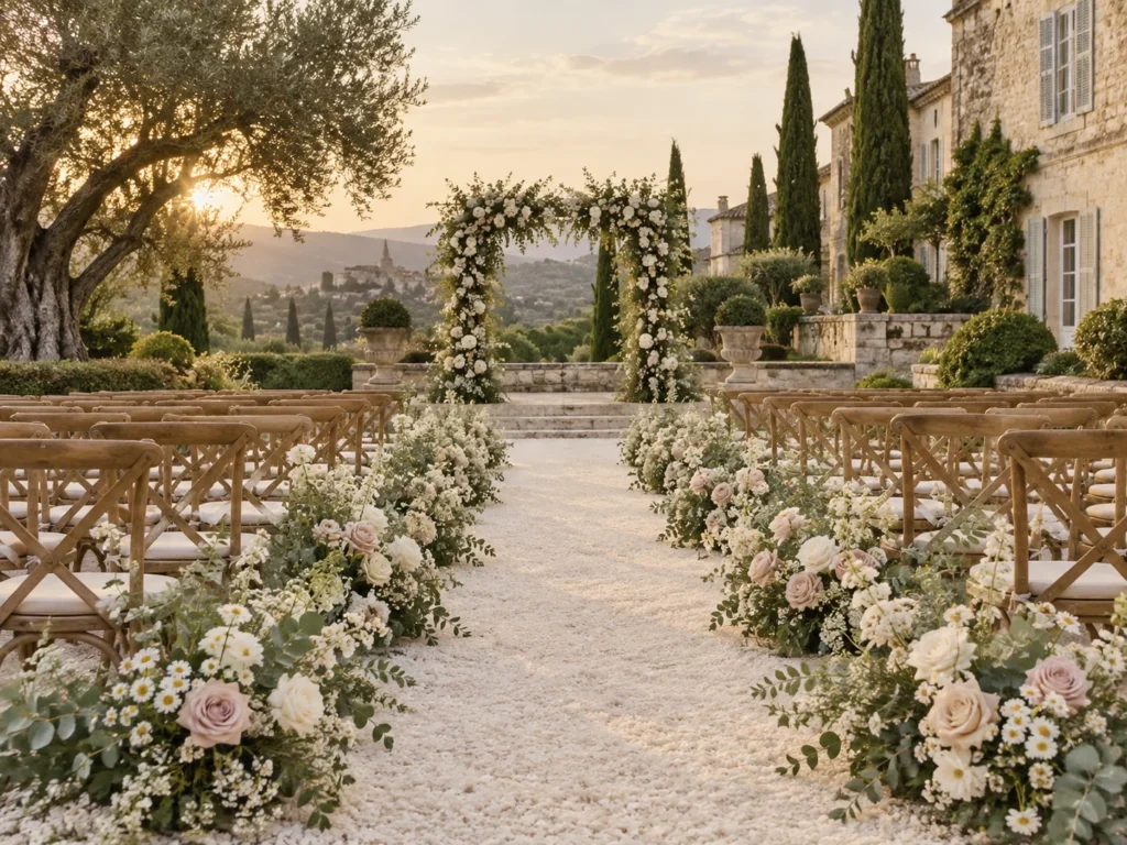 Allée de cérémonie bordée de compositions florales devant une arche