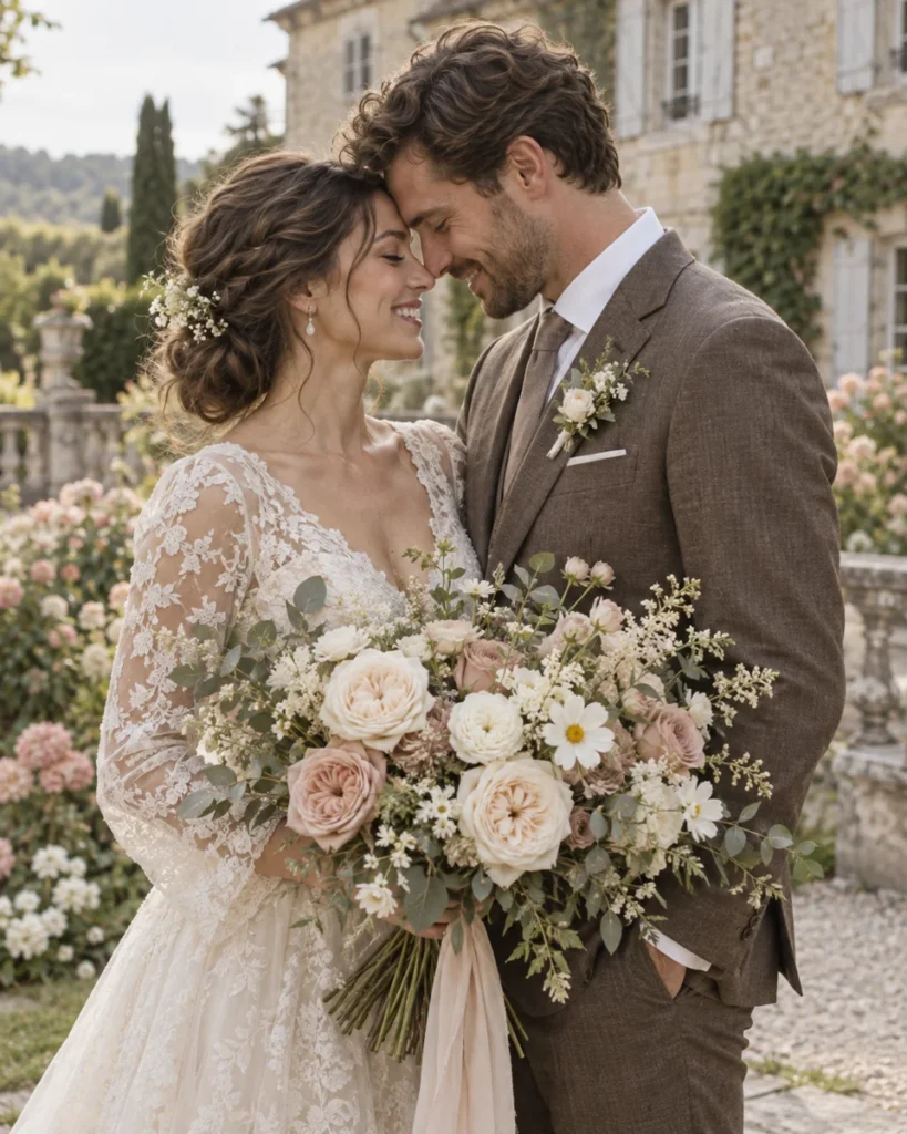 Illustration d’un couple de mariés avec un bouquet de fleurs