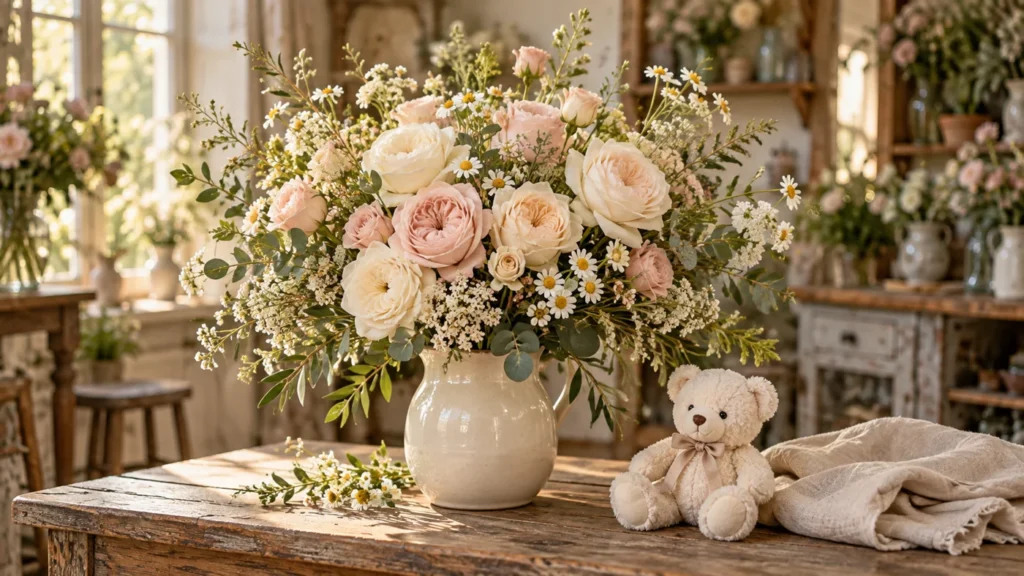 Composition florale douce pour une naissance, accompagnée d’un ourson