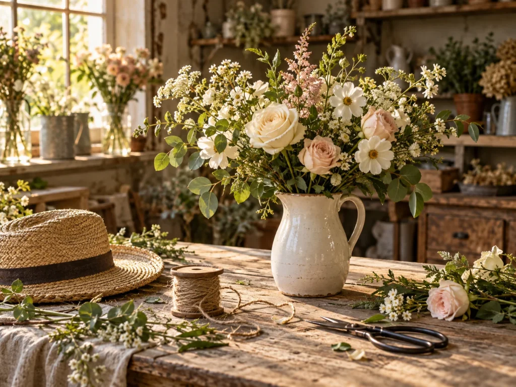 Bouquet dans un pichet, chapeau et outils sur une table d’atelier