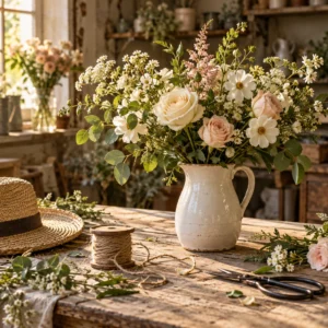 Bouquet dans un pichet, chapeau et outils sur une table d’atelier