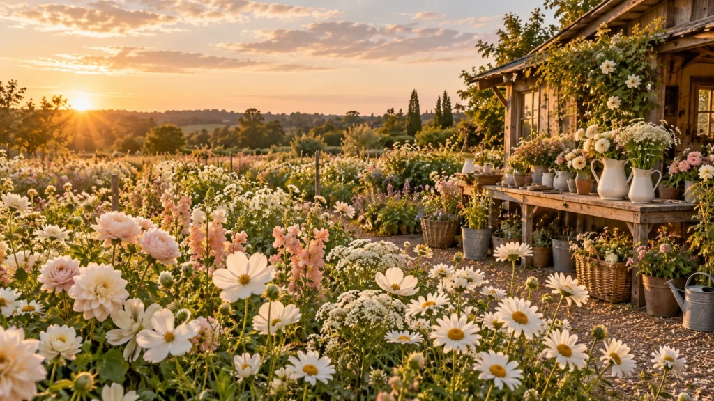 Illustration d’un champ de fleurs et d’un atelier au soleil couchant