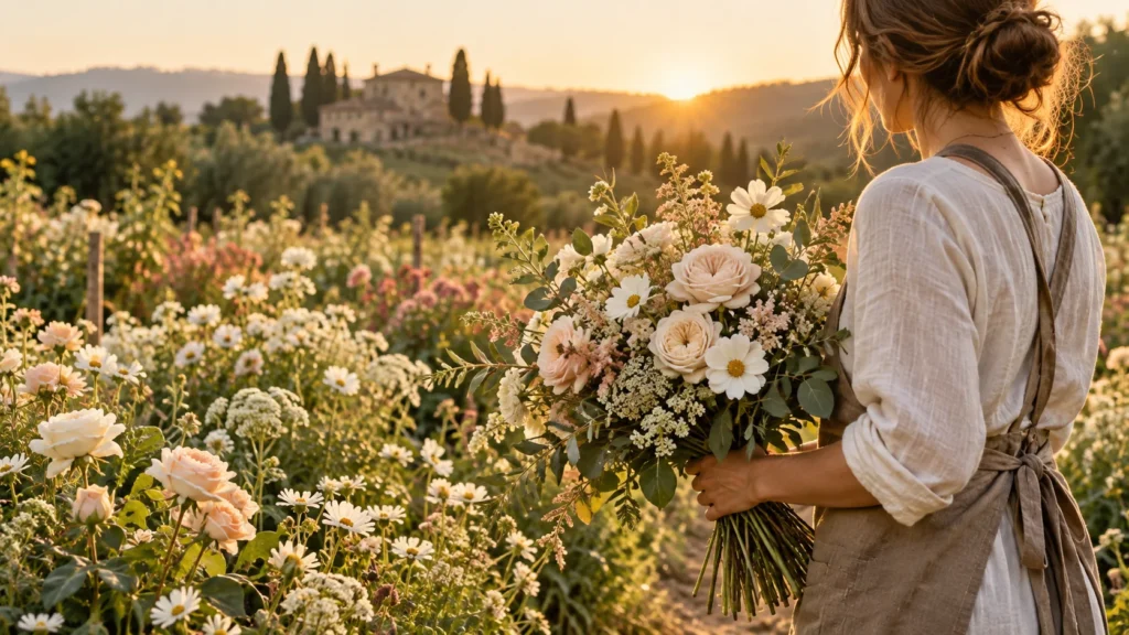 Illustration d’une fleuriste tenant un bouquet dans un champ fleuri
