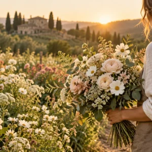 Illustration d’une fleuriste tenant un bouquet dans un champ fleuri
