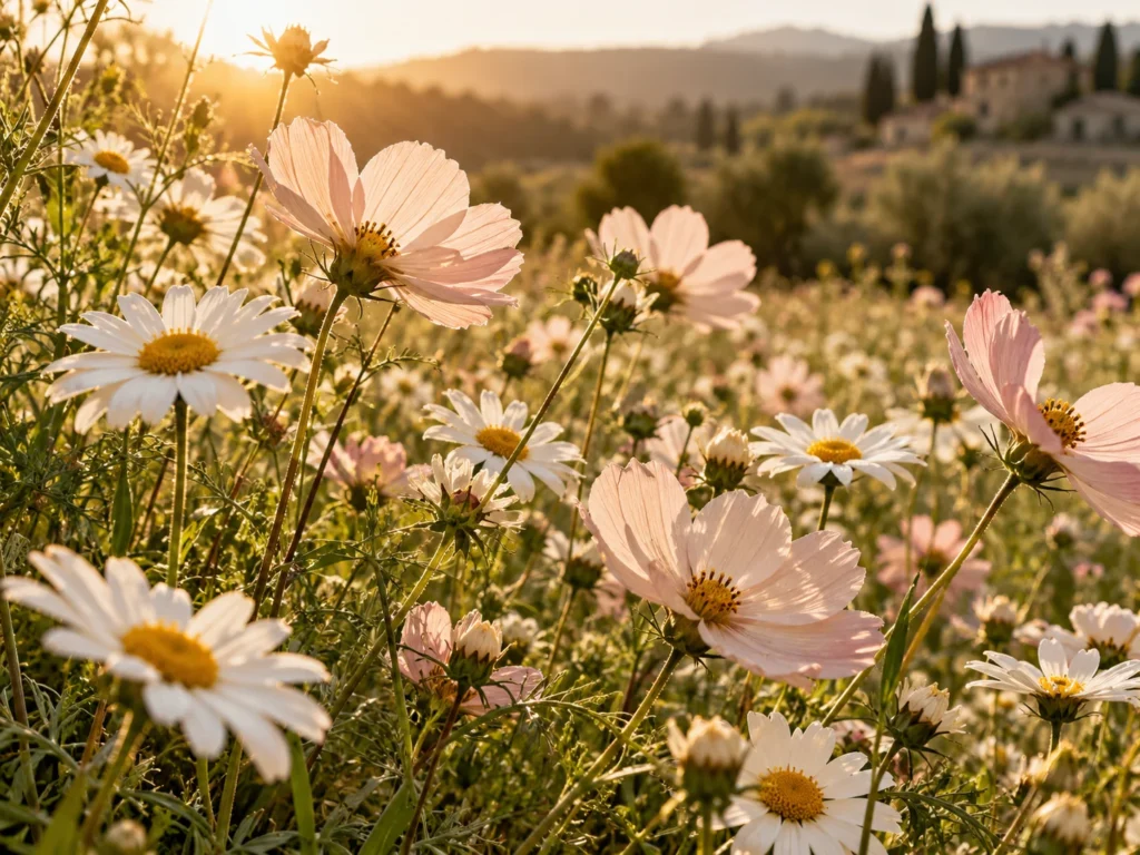 Marguerites et cosmos dans une lumière dorée