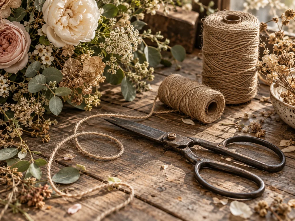 Ciseaux de fleuriste et bobines de ficelle sur une table en bois