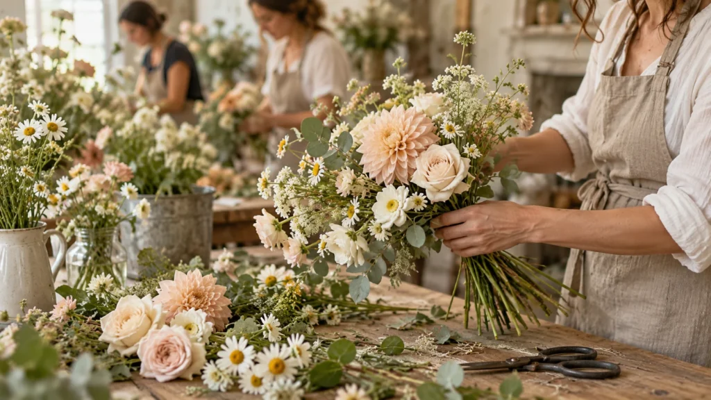 Illustration d’une création de bouquets dans un atelier floral