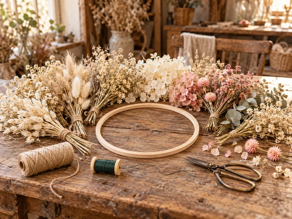 Kit créatif de couronne, fleurs séchées et outils sur une table en bois