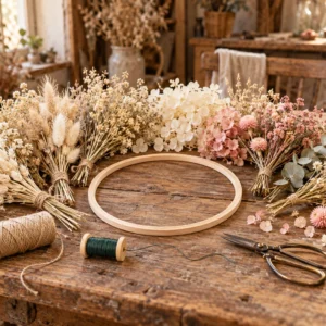 Kit créatif de couronne, fleurs séchées et outils sur une table en bois