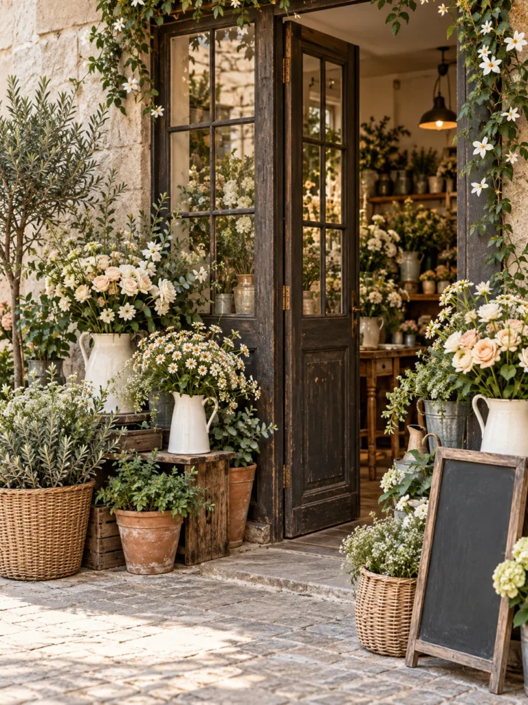 Illustration d’une entrée d’atelier floral entourée de fleurs