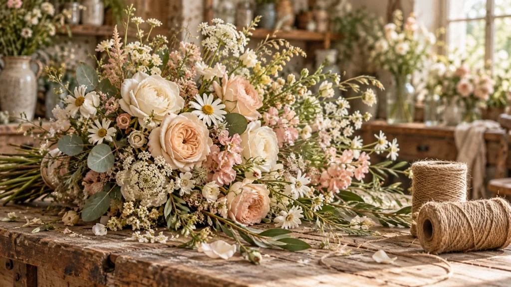 Bouquet de roses crème et de marguerites sur une table d’atelier