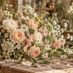 Bouquet de roses crème et de marguerites sur une table d’atelier